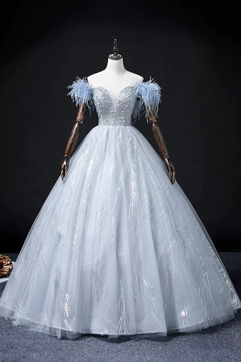 Blue Tulle Beads Long Prom Dress, Elegant A-Line Evening Party Dress       S7313