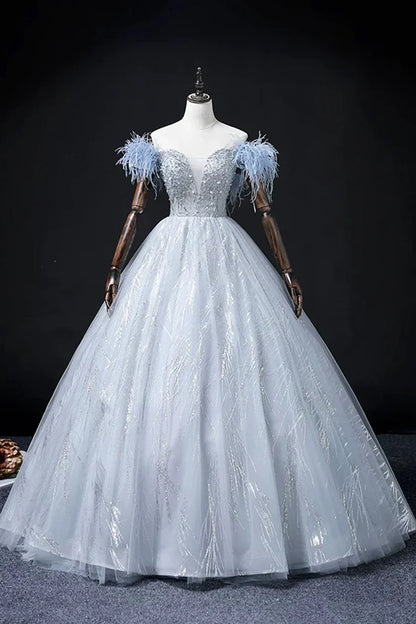 Blue Tulle Beads Long Prom Dress, Elegant A-Line Evening Party Dress       S7313