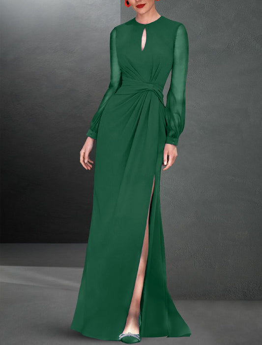 A-Line Evening Gown Elegant Dress Formal Wedding Guest Floor Length Long Sleeve Jewel Neck Chiffon with Ruched Slit