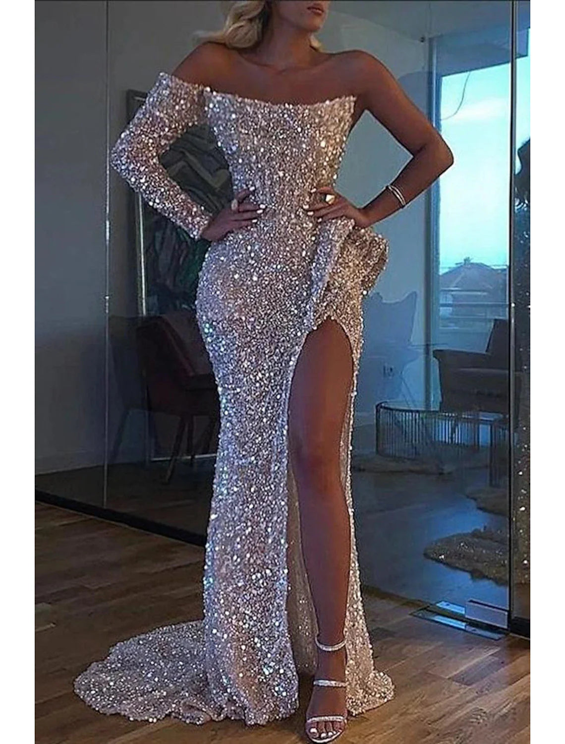 Mermaid Dress Evening Gown Christmas Red Green Dress Formal Wedding Court Train Long Sleeve One Shoulder Sequined with Sequin Slit 2026