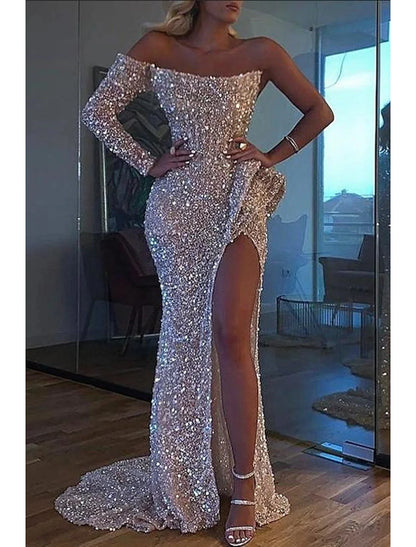 Mermaid Dress Evening Gown Christmas Red Green Dress Formal Wedding Court Train Long Sleeve One Shoulder Sequined with Sequin Slit 2026