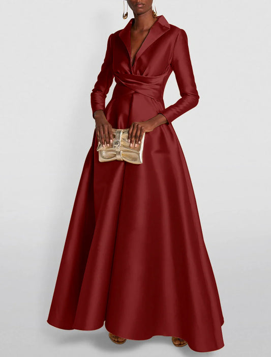 A-Line Evening Gown Elegant Christmas Red Green Dress Formal Wedding Guest Floor Length Long Sleeve Shirt Collar Satin with Ruched 2026