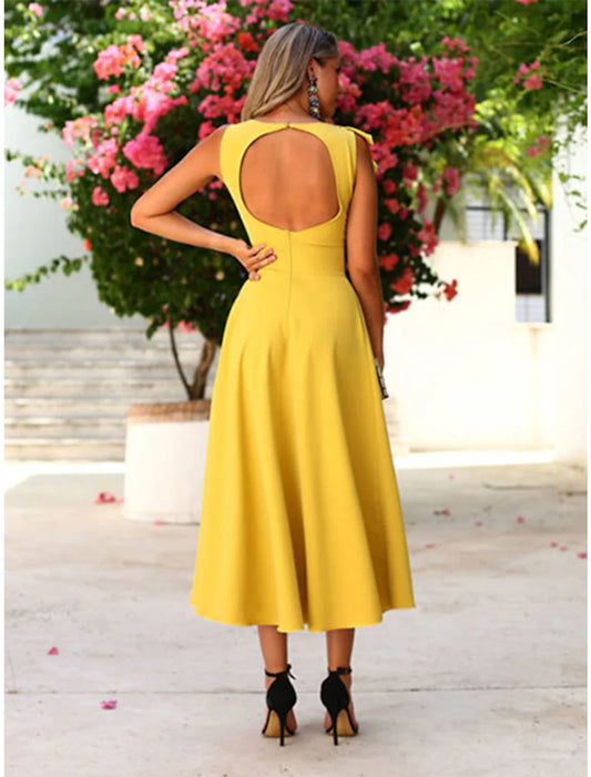 A-Line Cocktail Dresses Elegant Dress Wedding Guest Homecoming Ankle Length Sleeveless Jewel Neck Fall Wedding Guest Fabric with Ruffles Pure Color