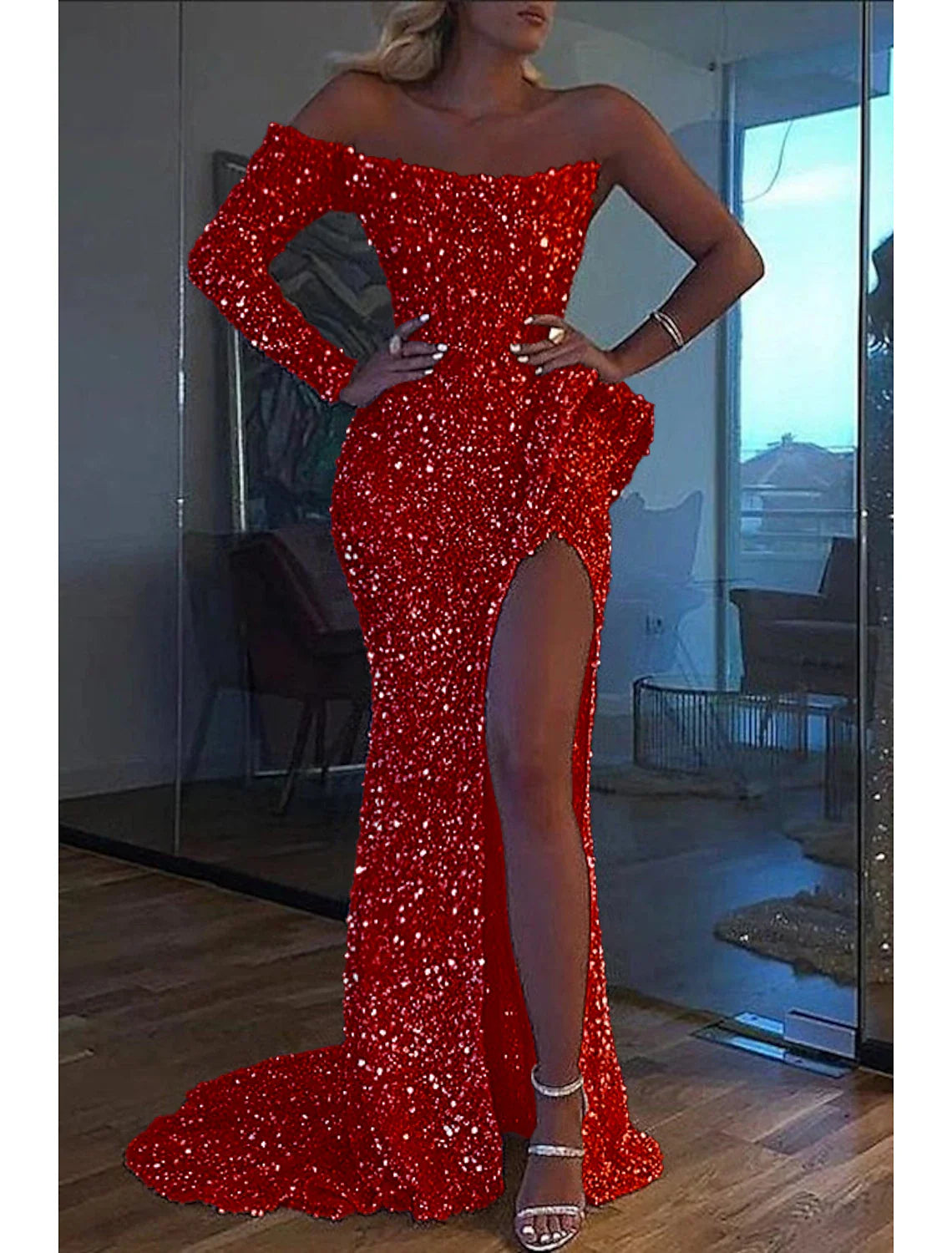 Mermaid Dress Evening Gown Christmas Red Green Dress Formal Wedding Court Train Long Sleeve One Shoulder Sequined with Sequin Slit 2026