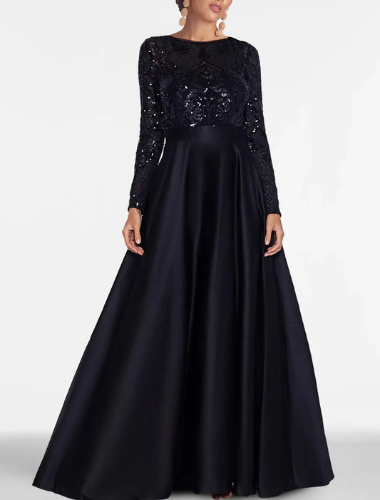 A-Line Evening Gown Elegant Black Dress Plus Size Formal Sequin Satin Dress Black Tie Floor Length Long Sleeve Off Shoulder Fall Wedding Guest with Slit Pocket 2026