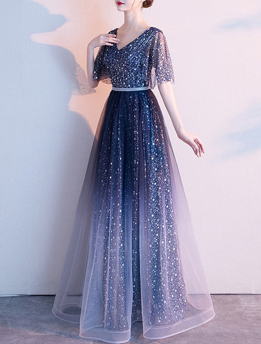 A-Line Evening Gown Glittering Dress Wedding Guest Prom Floor Length Half Sleeve V Neck Tulle with Sash / Ribbon Pleats Sequin 2026