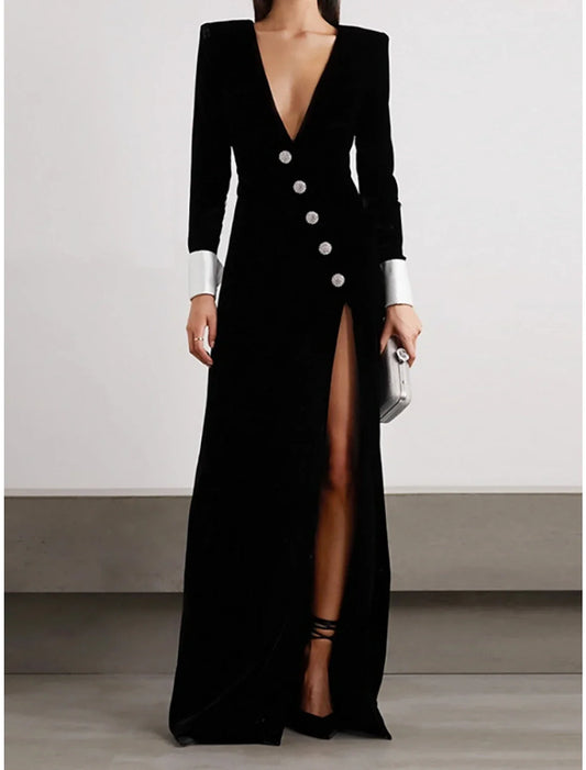 A-Line Evening Gown Elegant Dress Formal Black Dress Floor Length Long Sleeve V Neck Velvet with Buttons Slit 2026