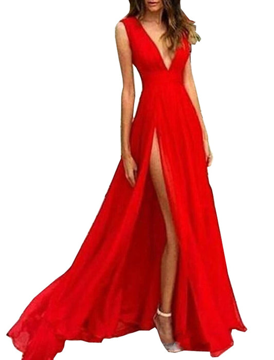 A-Line Evening Gown Elegant Dress Party Wear Wedding Guest Floor Length Sleeveless V Neck Chiffon with Slit