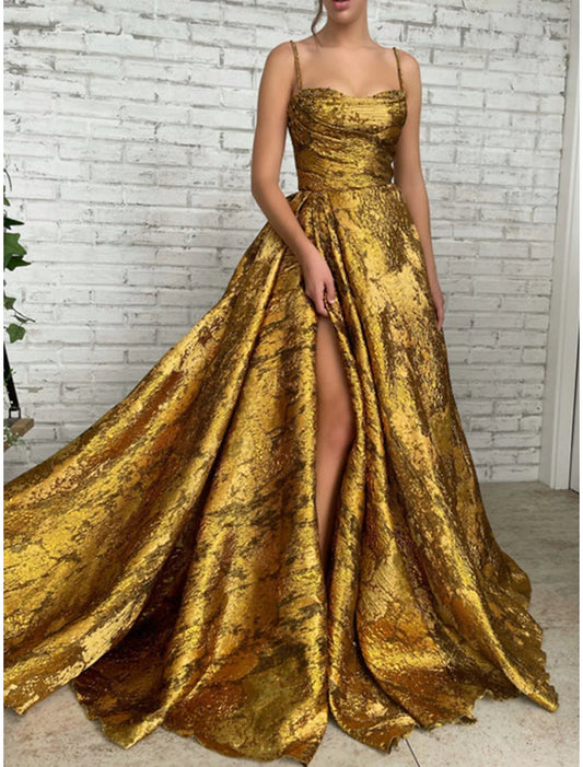 A-Line Evening Gown High Split Dress Formal Christmas Court Train Sleeveless Spaghetti Strap Sequined with Glitter Pleats Ruched 2026