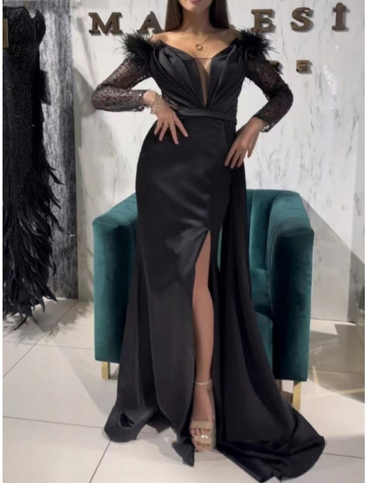 A-Line Evening Gown Party Dress Black Dress Formal Sweep / Brush Train Long Sleeve Off Shoulder Sequined with Feather Pleats Slit 2026