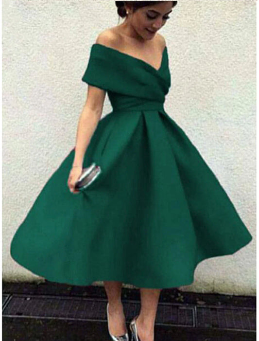A-Line Cocktail Dresses 1950s Dress Homecoming Formal Evening Tea Length Short Sleeve V Neck Fabric V Back with Pleats