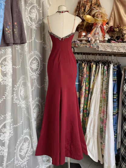 V Neck Lace Burgundy Prom Dress Vintage Mermaid Prom Gowns Birthday Dresses