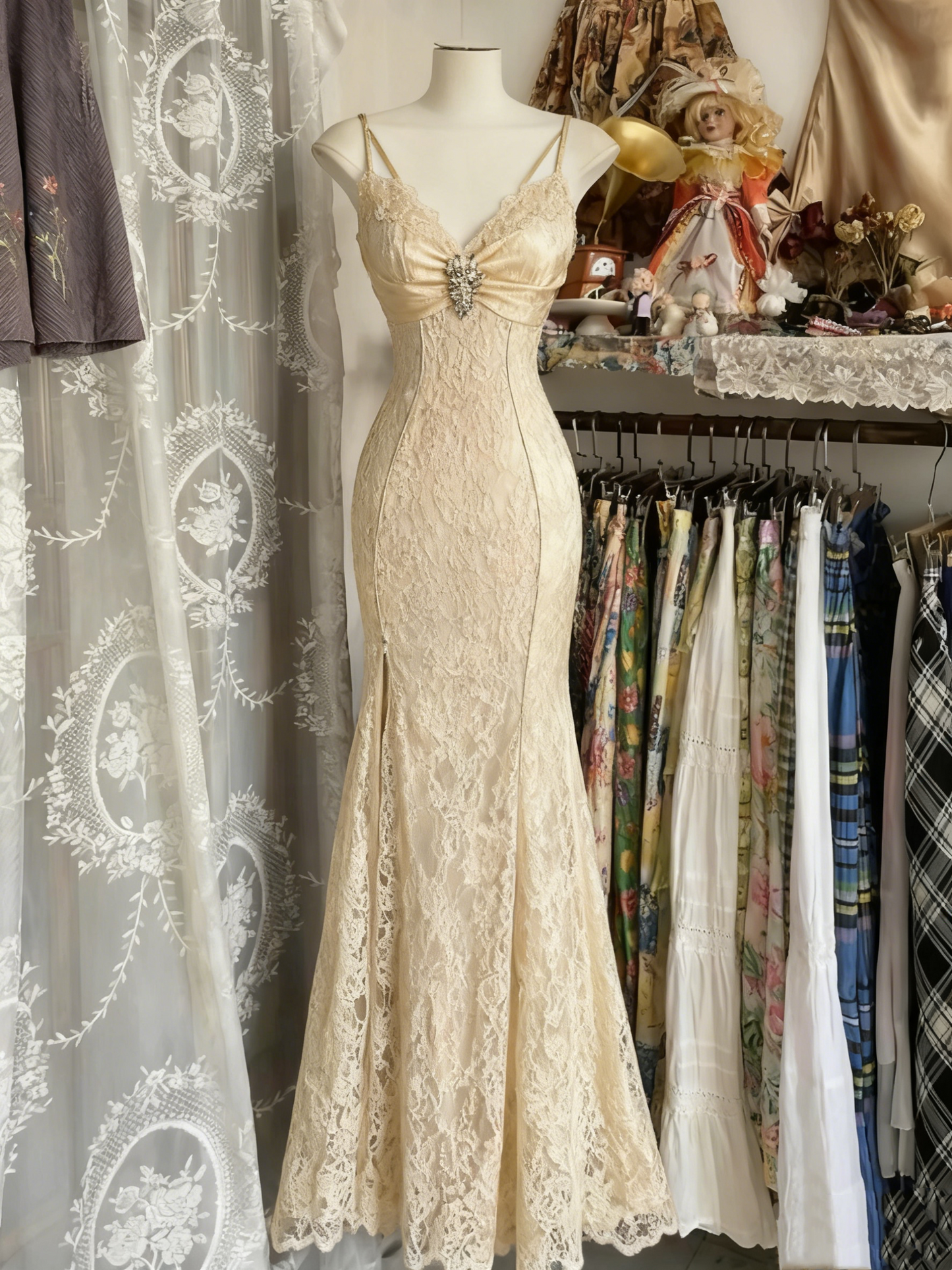 V Neck Lace Burgundy Prom Dress Vintage Mermaid Prom Gowns Birthday Dresses