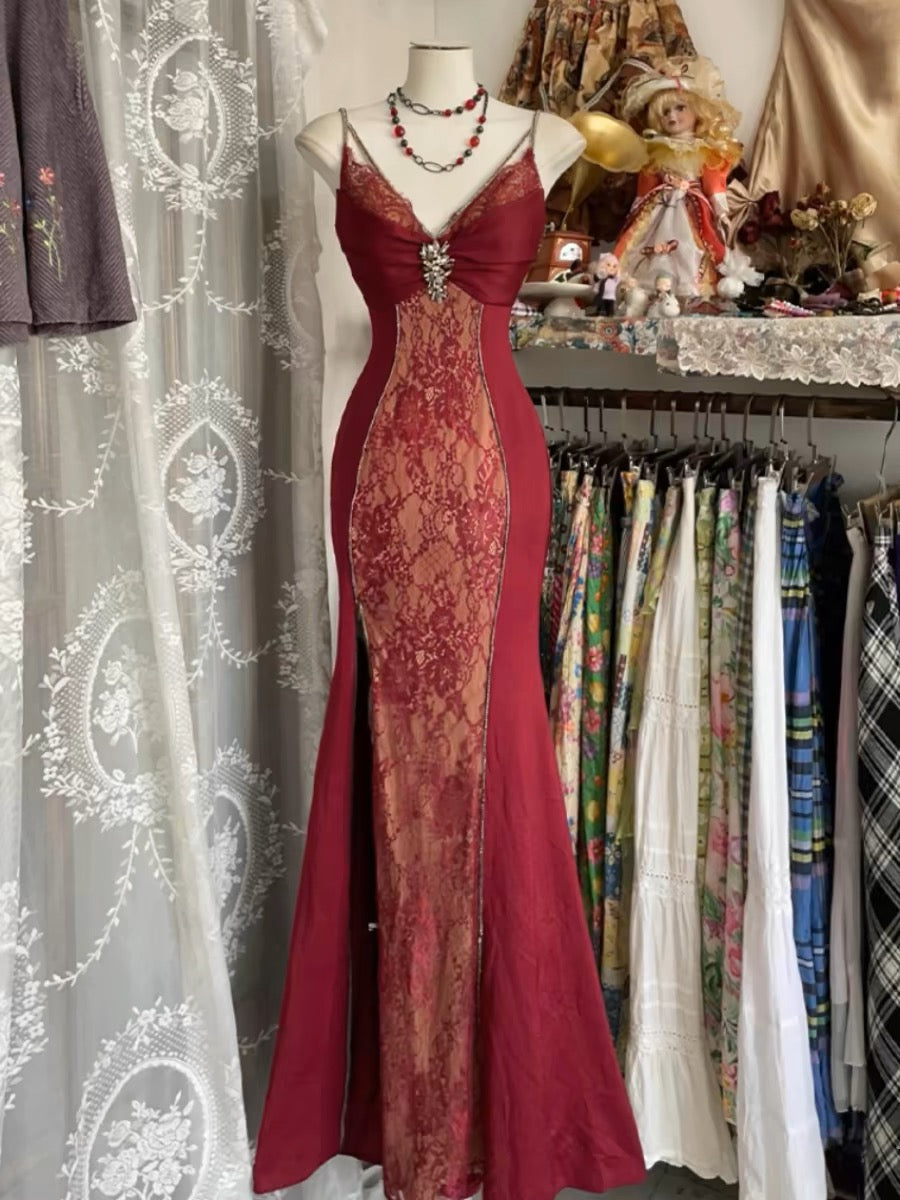 V Neck Lace Burgundy Prom Dress Vintage Mermaid Prom Gowns Birthday Dresses