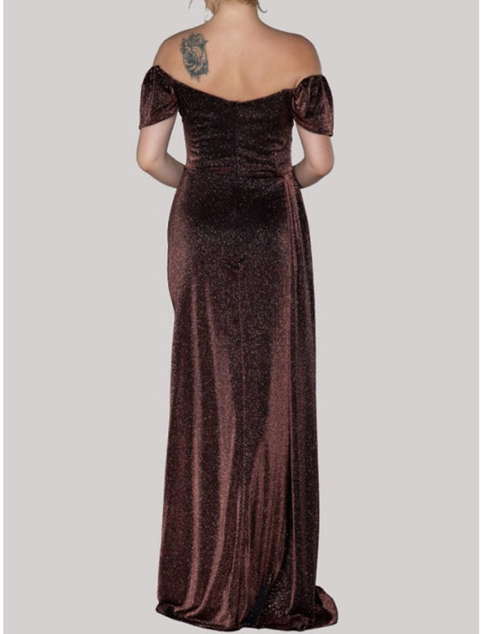 A-Line Evening Gown Elegant Dress Formal Sweep / Brush Train Short Sleeve Off Shoulder Lurex Fabric with Glitter Pleats Ruched