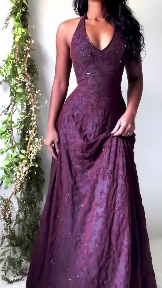 Vintage Mermaid Purple Lace Halter Prom Dress Long Prom Dresses Prom Gown