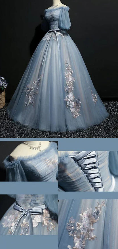 Vintage Princess Off Shoulder Half Sleeve Dusty Blue Appliques Ball Gown Prom Dresses