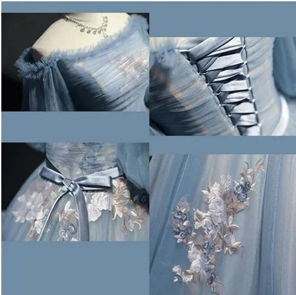 Vintage Princess Off Shoulder Half Sleeve Dusty Blue Appliques Ball Gown Prom Dresses
