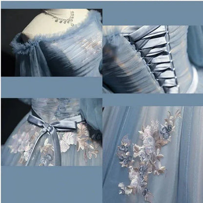 Vintage Princess Off Shoulder Half Sleeve Dusty Blue Appliques Ball Gown Prom Dresses