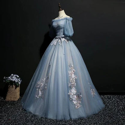 Vintage Princess Off Shoulder Half Sleeve Dusty Blue Appliques Ball Gown Prom Dresses