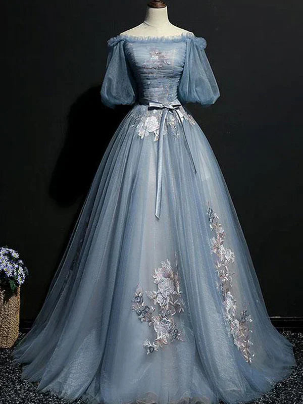Vintage Princess Off Shoulder Half Sleeve Dusty Blue Appliques Ball Gown Prom Dresses