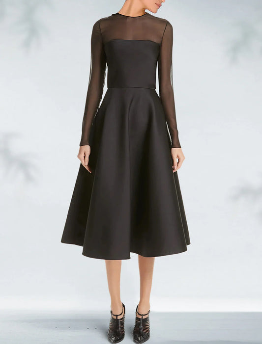 A-Line Cocktail Dresses Elegant Black Dress Plus Size Wedding Guest Party Wear Tea Length Long Sleeve Jewel Neck Gothic Satin with Pleats