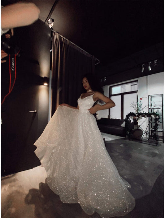 Hall Sparkle & Shine Casual Wedding Dresses A-Line Camisole V Neck Spaghetti Strap Sweep / Brush Train Sequined Bridal Gowns With Solid Color Summer Fall Wedding Party 2026, Women's Clothing