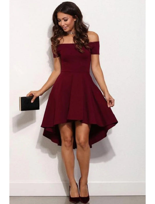 A-Line Cocktail Dresses Cute Dress Homecoming Graduation Short / Mini Short Sleeve Off Shoulder Satin with Pure Color