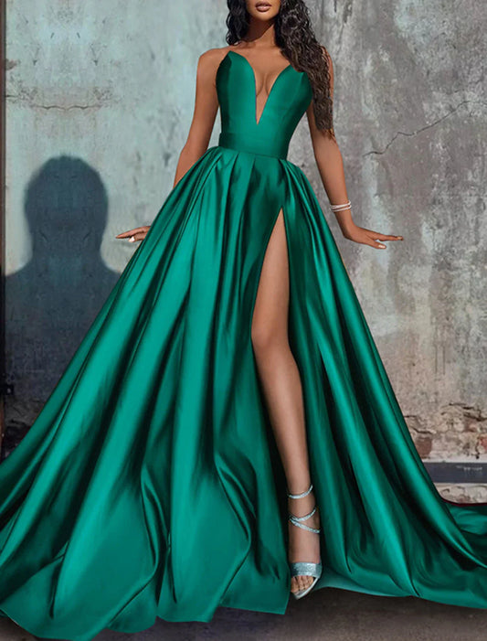 A-Line Evening Gown Christmas Red Green Dress Formal Wedding Party Court Train Sleeveless Strapless Satin with Pleats Slit