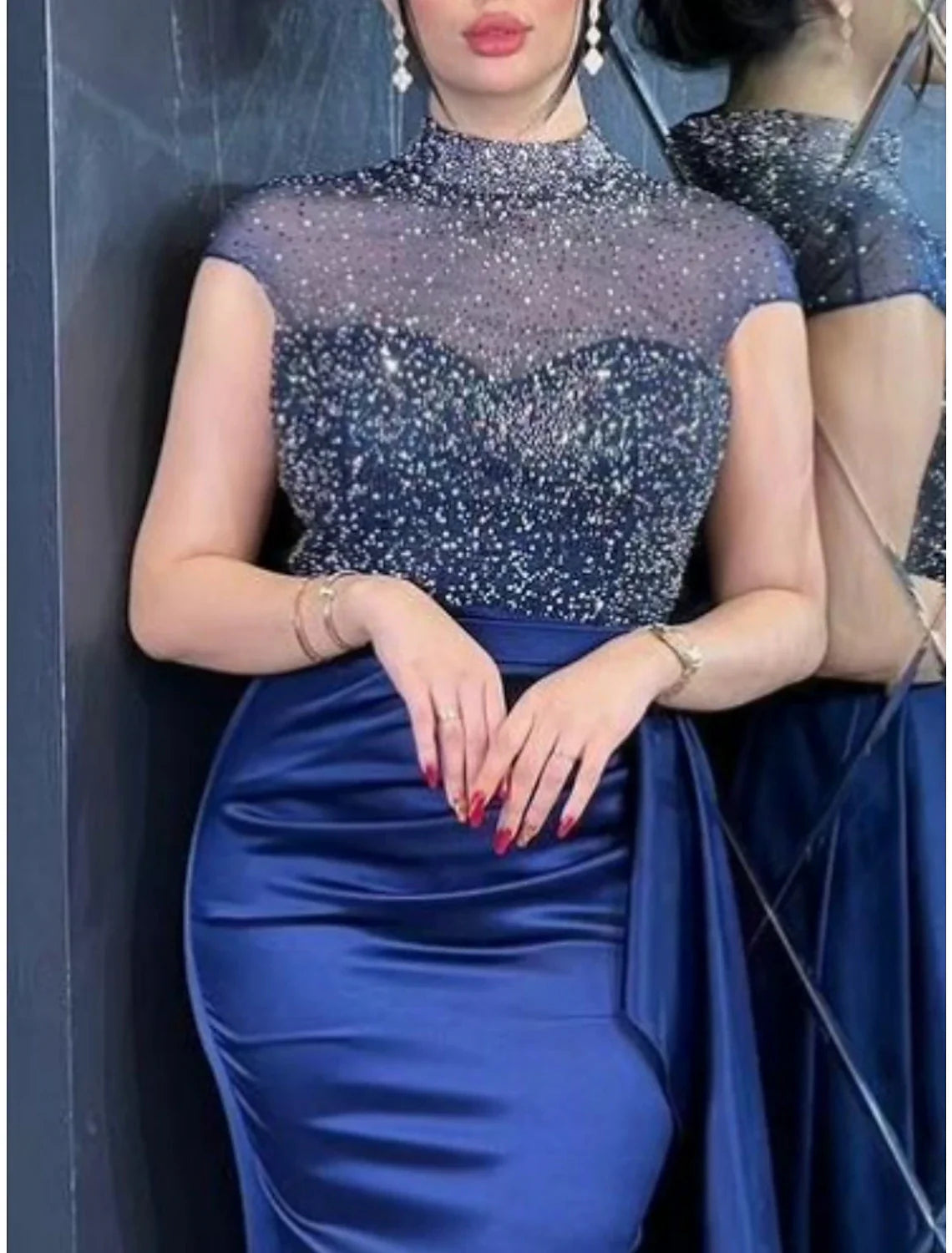 A-Line Evening Gown Elegant Dress Formal Floor Length Short Sleeve High Neck Satin with Ruched Sequin Slit 2026
