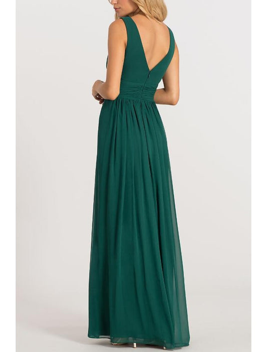 A-Line Elegant Formal Evening Dress V Neck V Back Sleeveless Floor Length Chiffon with Pleats Split Front