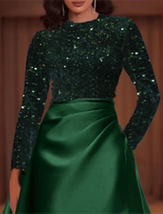 A-Line Evening Gown Elegant Dress Christmas Red Green Dress Wedding Guest Floor Length Long Sleeve Jewel Neck Pocket Satin with Sequin 2026