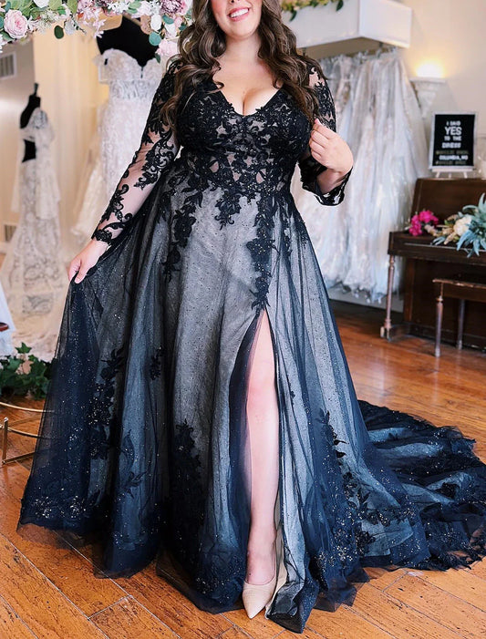 A-Line Evening Gown Black Dress Plus Size Formal Wedding Court Train Sleeveless V Neck Fall Wedding Reception Tulle with Slit Appliques 2026