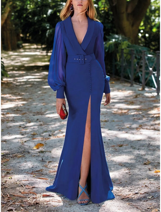 A-Line Evening Gown Elegant Dress Formal Fall Sweep / Brush Train Long Sleeve V Neck Fabric with Buttons Slit