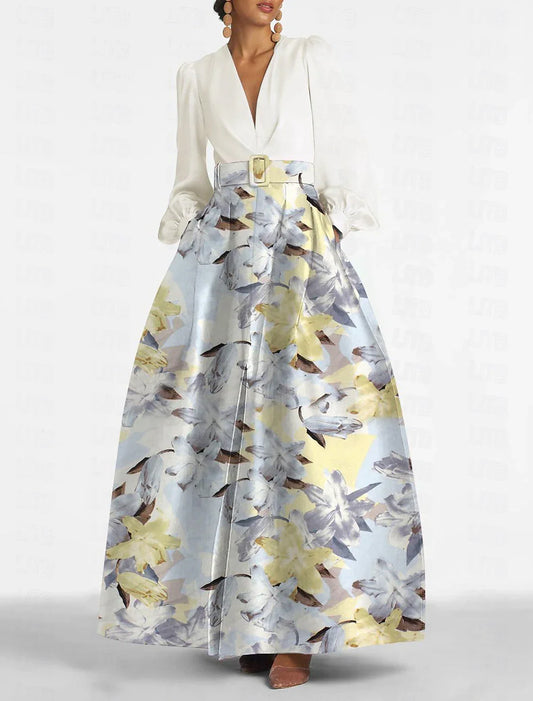 A-Line Evening Gown Elegant Dress Formal Wedding Guest Floor Length Long Sleeve V Neck Belt / Sash Satin with Slit