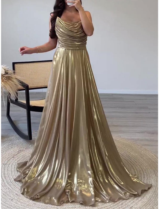 A-Line Evening Gown Elegant Dress Formal Sweep / Brush Train Sleeveless Spaghetti Strap Satin with Pleats Ruched