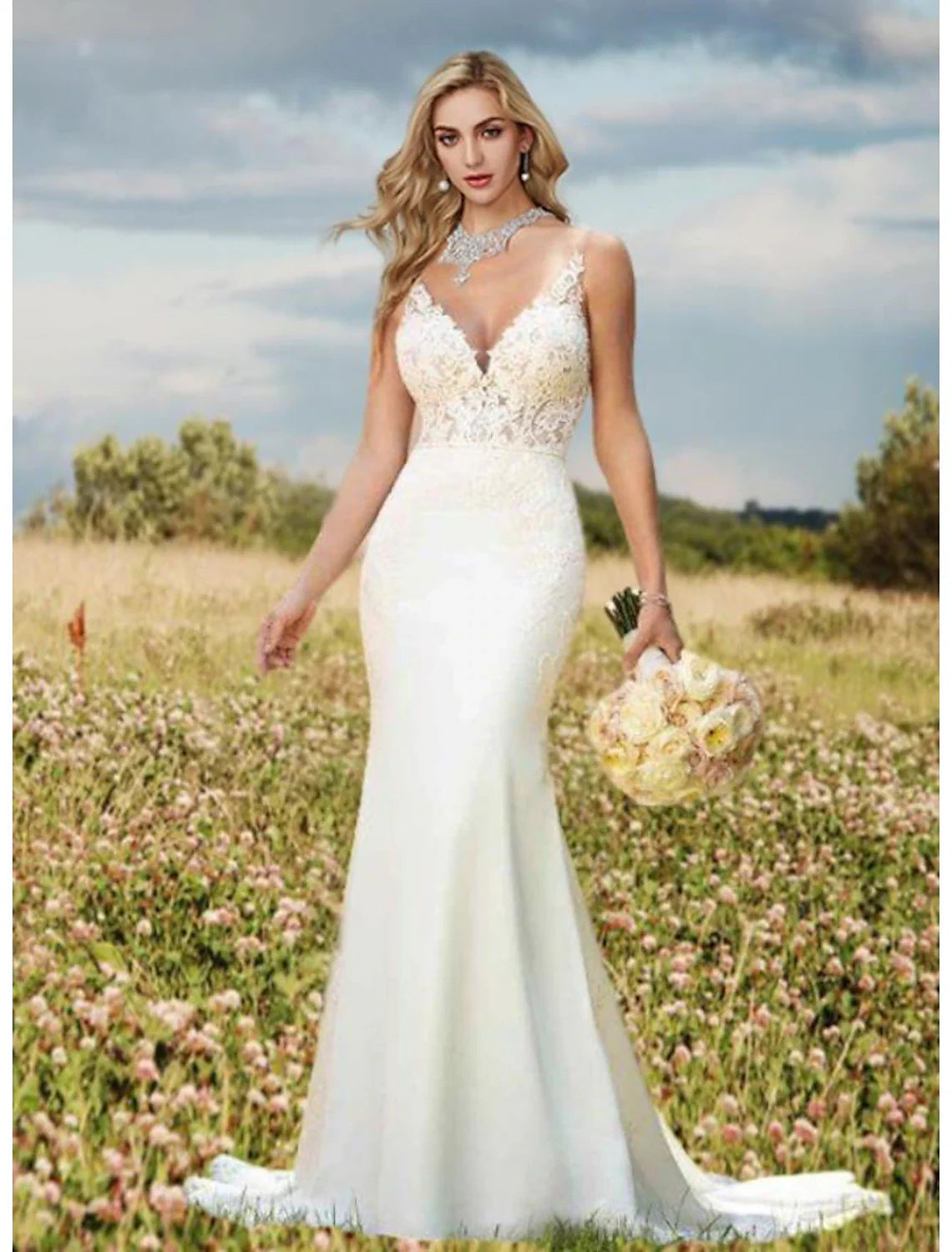 Engagement Open Back Sexy Formal Wedding Dresses Mermaid / Trumpet V Neck Sleeveless Court Train Lace Bridal Gowns With Appliques Summer Wedding Party Women's Clothing