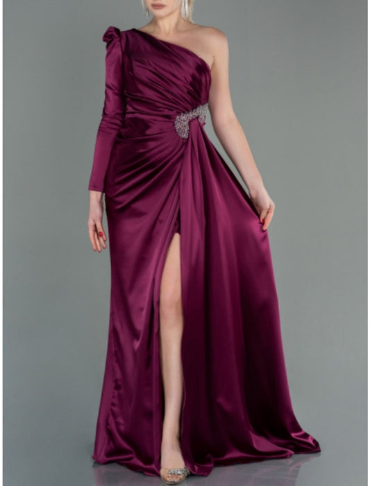 A-Line Evening Gown Elegant Dress Formal Fall Sweep / Brush Train Long Sleeve One Shoulder Satin with Ruched Sequin Slit 2026