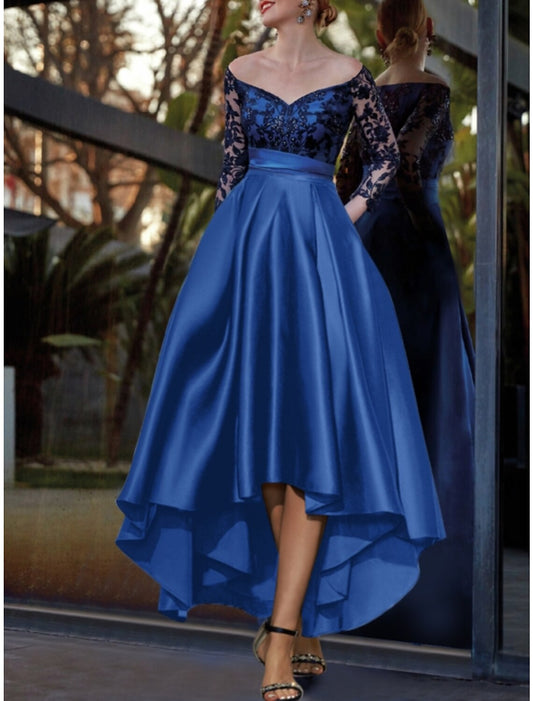 A-Line Evening Gown Glittering Dress Formal Wedding Guest Asymmetrical Long Sleeve Off Shoulder Satin with Pleats Sequin