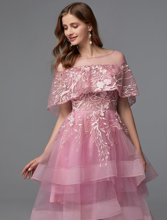 A-Line Elegant Dress Holiday Wedding Guest Asymmetrical Sleeveless Illusion Neck Lace Tie Back with Lace Insert 2026