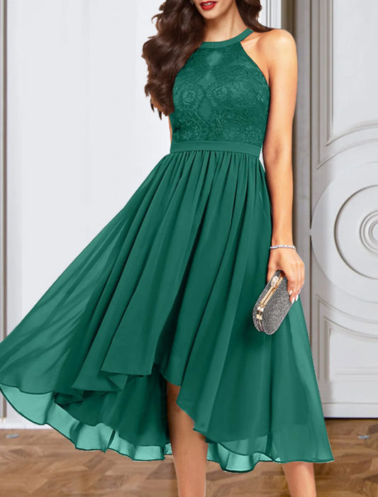 A-Line Cocktail Dresses Cut Out Dress Wedding Guest Prom Tea Length Sleeveless Halter Neck Chiffon with Appliques Pure Color