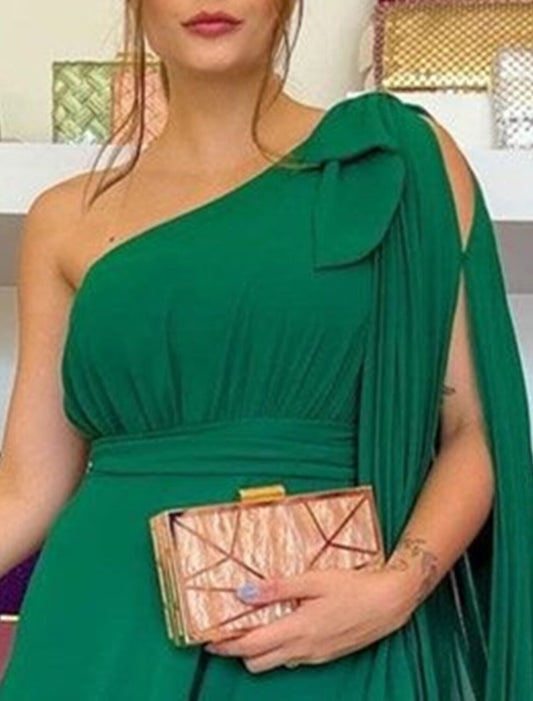 A-Line Evening Gown Party Dress Christmas Red Green Dress Elegant Formal Wedding Guest Sweep / Brush Train Sleeveless One Shoulder Capes Chiffon with Ruffles 2026