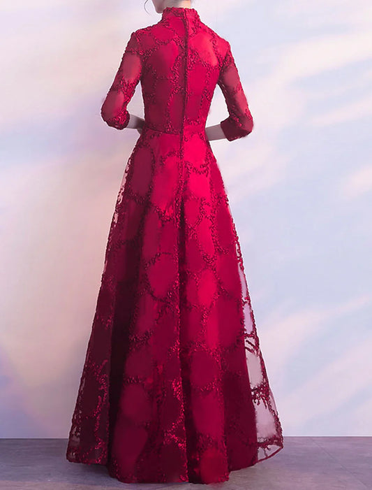 A-Line Chinese Style Vintage Prom Formal Evening Dress Stand Collar 3/4 Length Sleeve Floor Length Tulle with Pleats Appliques