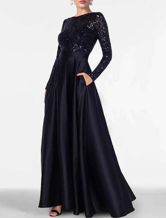 A-Line Evening Gown Elegant Black Dress Plus Size Formal Sequin Satin Dress Black Tie Floor Length Long Sleeve Off Shoulder Fall Wedding Guest with Slit Pocket 2026