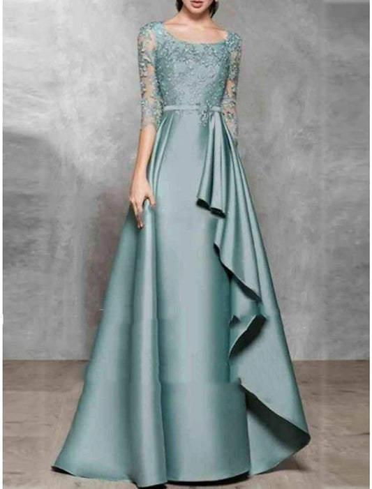 A-Line Evening Gown Black Dress Plus Size Elegant Dress Formal Wedding Floor Length Half Sleeve Scoop Neck Satin with Pleats 2026