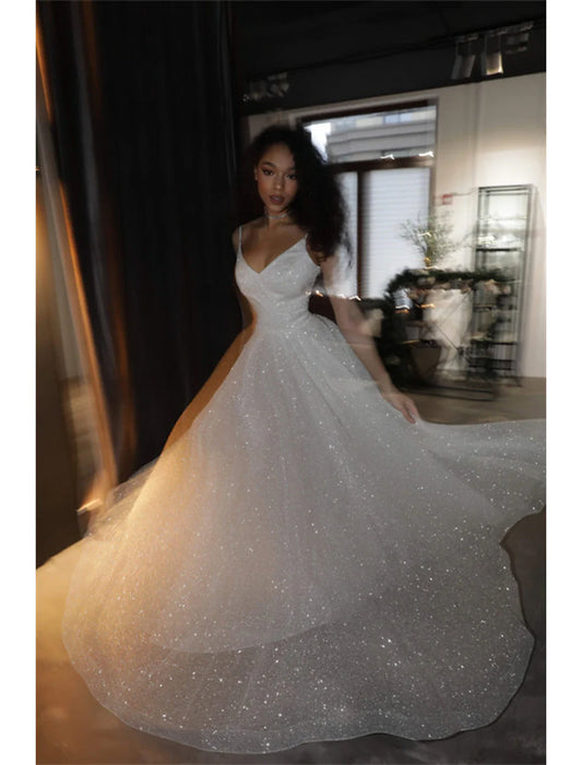 Hall Sparkle & Shine Casual Wedding Dresses A-Line Camisole V Neck Spaghetti Strap Sweep / Brush Train Sequined Bridal Gowns With Solid Color Summer Fall Wedding Party 2026, Women's Clothing