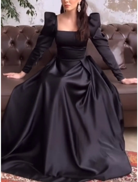A-Line Evening Gown Elegant Dress Formal Christmas Red Green Dress Sweep / Brush Train Long Sleeve Square Neck Satin with Pleats Ruched 2026