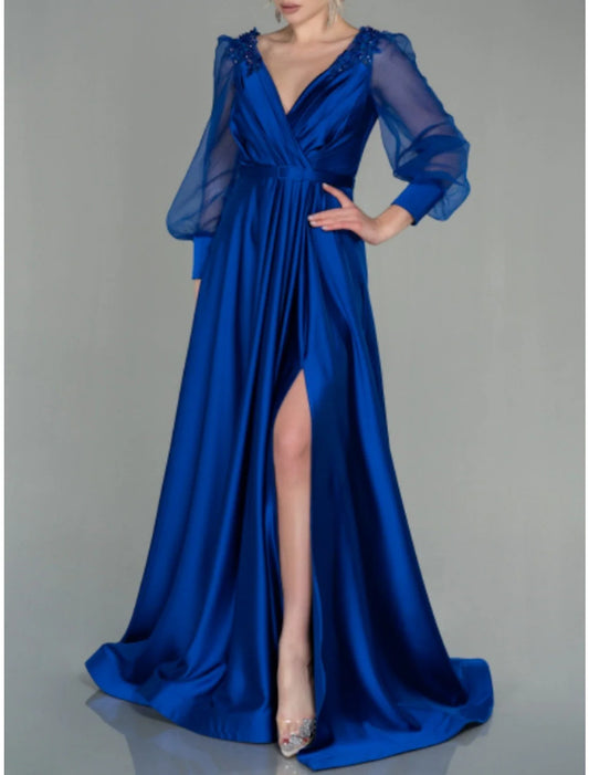 A-Line Evening Gown Elegant Dress Formal Fall Floor Length Long Sleeve V Neck Satin with Pleats Slit Shouder Flower 2026