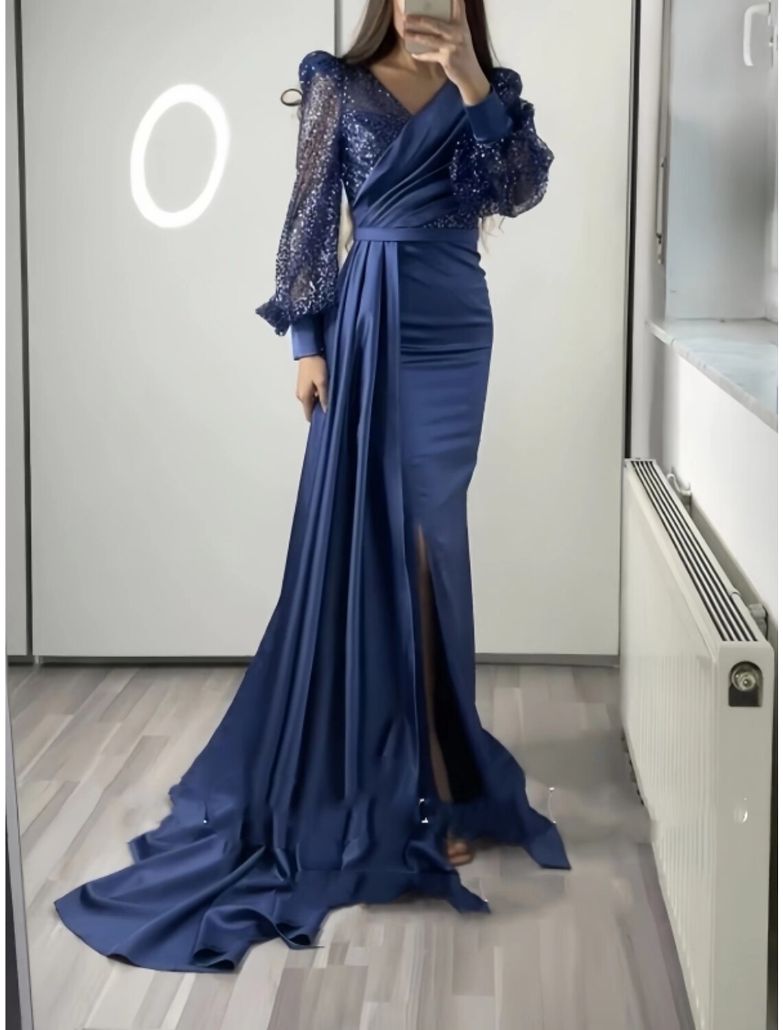 A-Line Evening Gown Sparkle & Shine Dress Formal Fall Court Train Long Sleeve V Neck Satin with Glitter Pleats