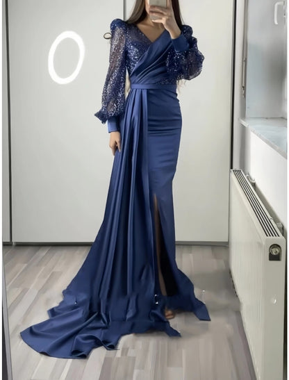 A-Line Evening Gown Sparkle & Shine Dress Formal Fall Court Train Long Sleeve V Neck Satin with Glitter Pleats